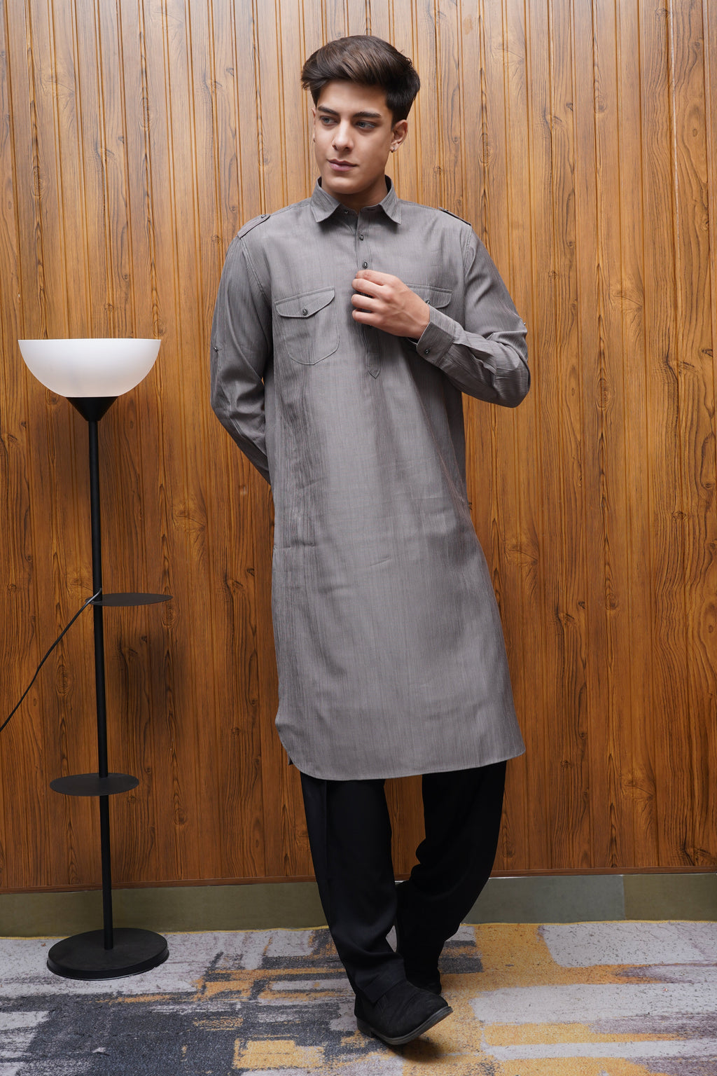 Bettino Men's Pathani Suit With Salwar Textured Gray