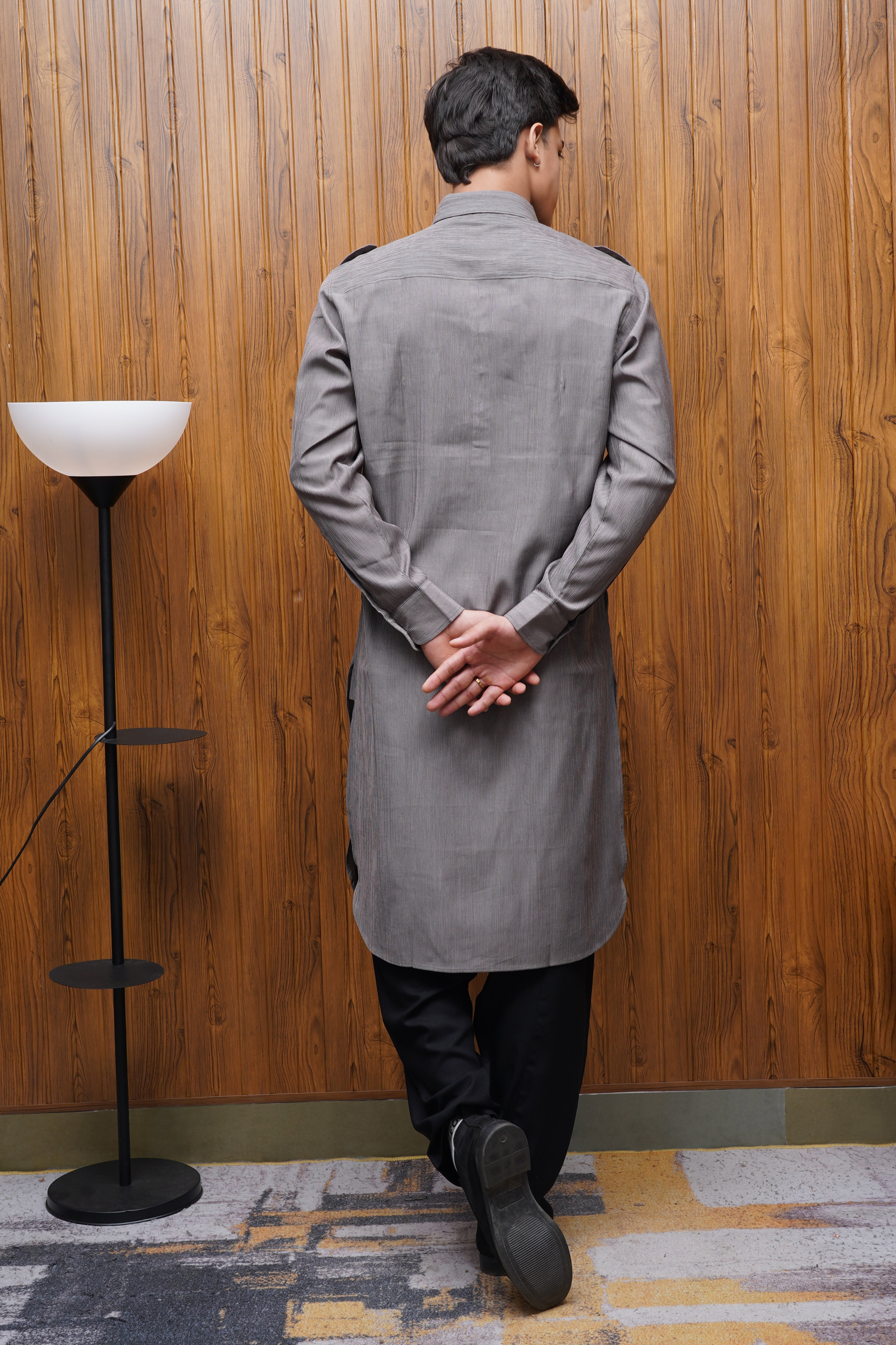 Bettino Men's Pathani Suit With Salwar Textured Gray