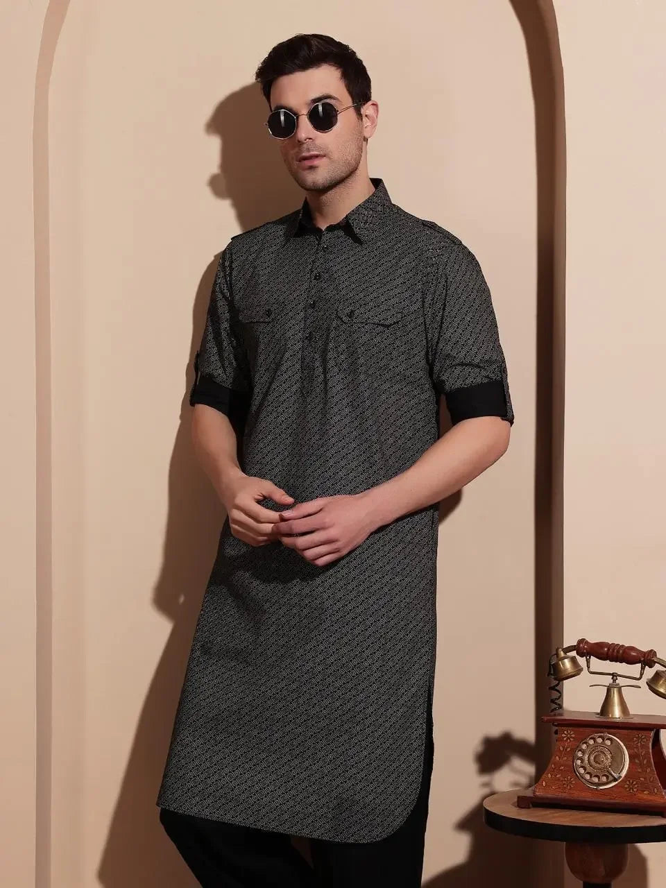 Bettino Men's Black Pathani Suit- Ethnic Printed