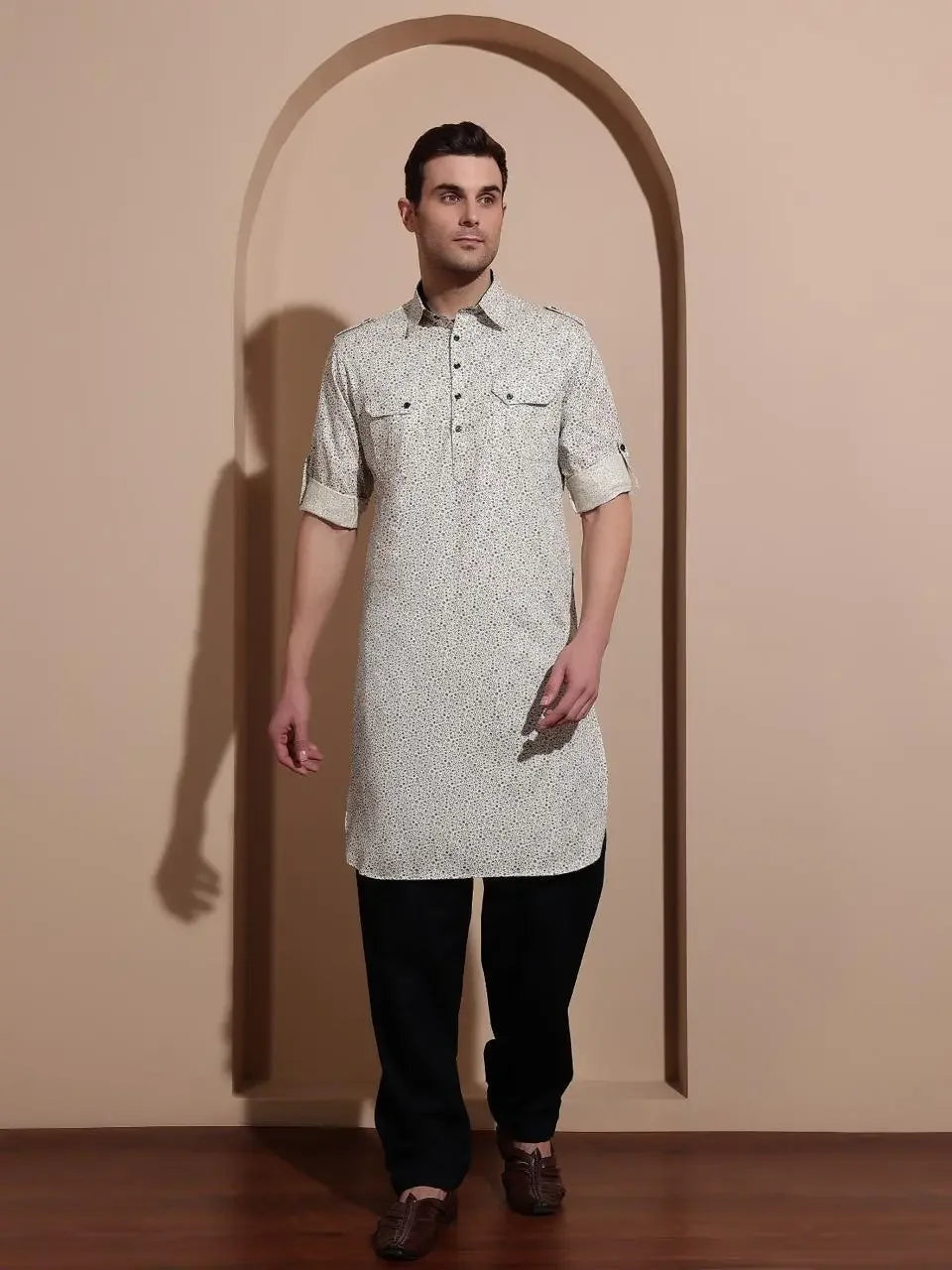 Bettino Men's Pathani Suit- Ivory Coloured Beige Printed