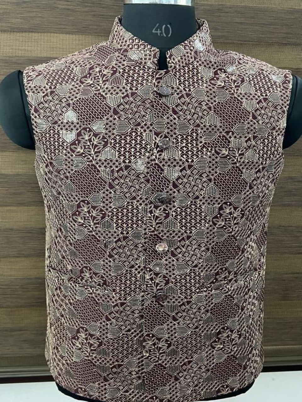 Wine Colour Embroidered Nehru Jacket