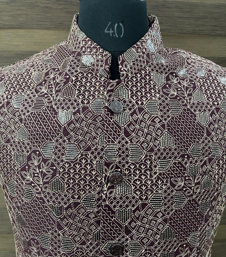 Wine Colour Embroidered Nehru Jacket
