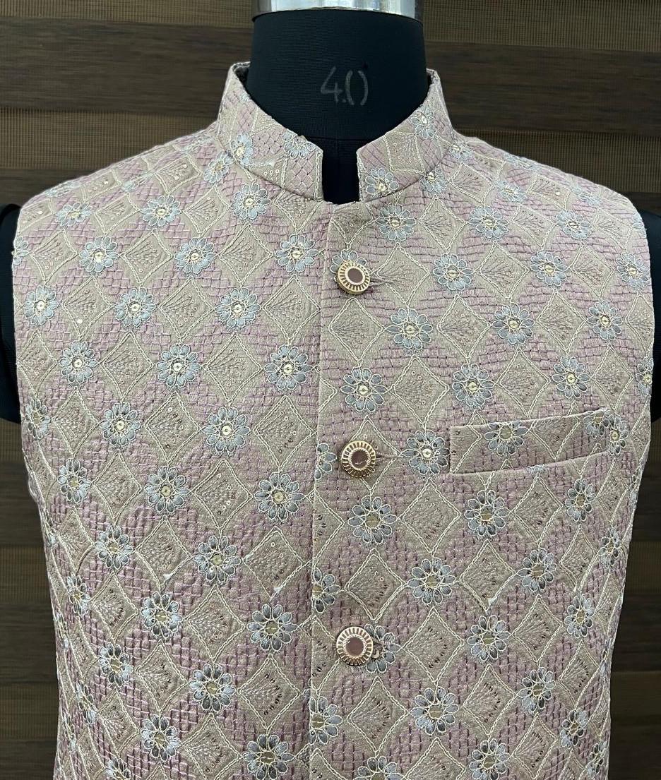 Onion Color diamond design Embroidered Nehru Jacket.