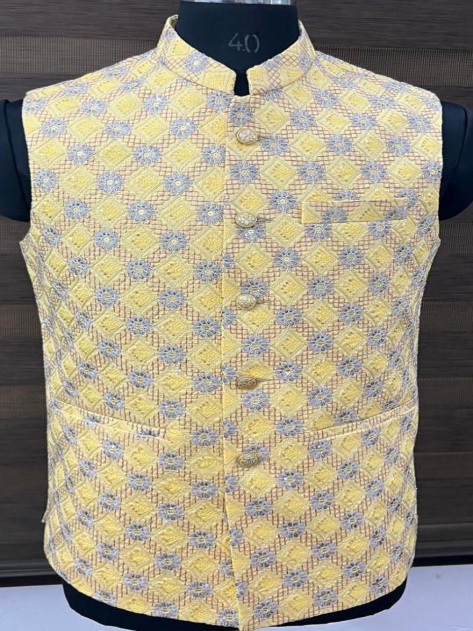 Yellow Floral Embroidered Nehru Jacket.