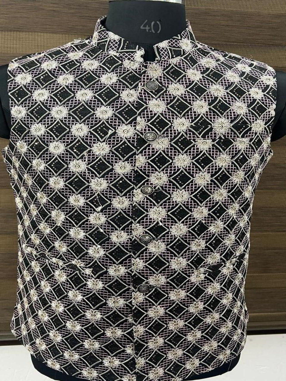 Black and White Floral Embroidered Nehru Jacket