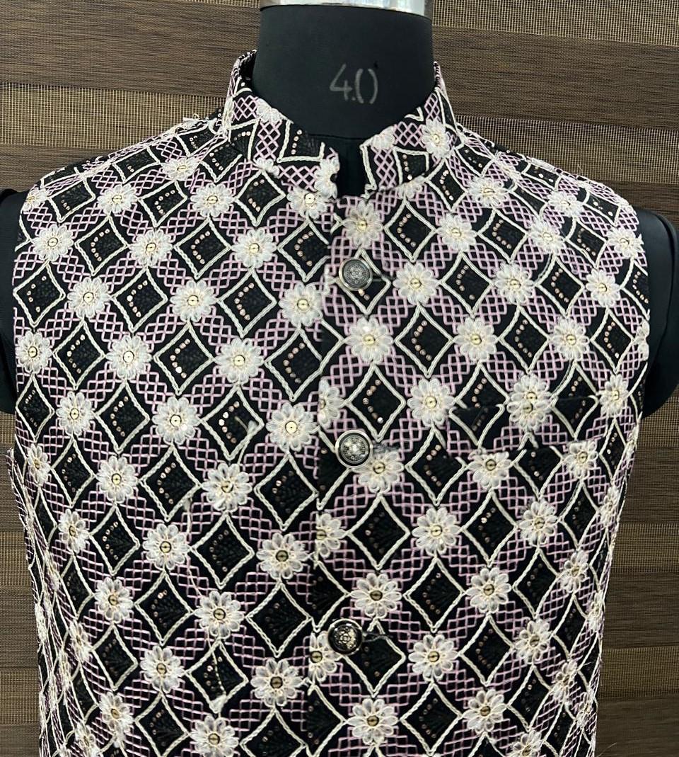 Black and White Floral Embroidered Nehru Jacket