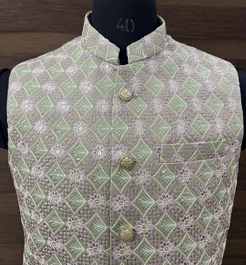 Green Floral Embroidered Nehru Jacket