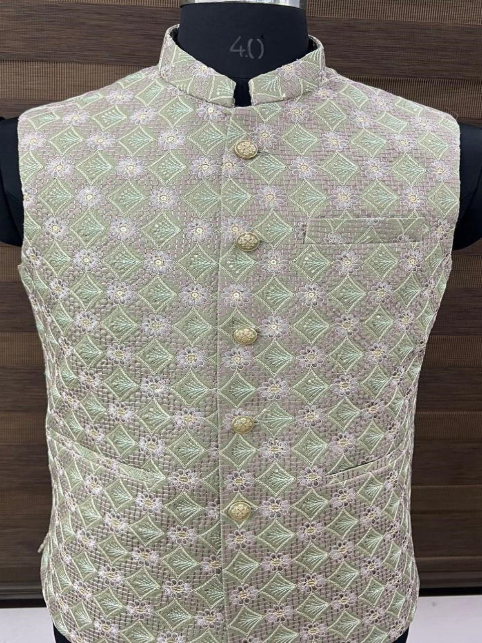 Green Floral Embroidered Nehru Jacket
