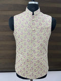 Beige Floral Embroidered Nehru Jacket.