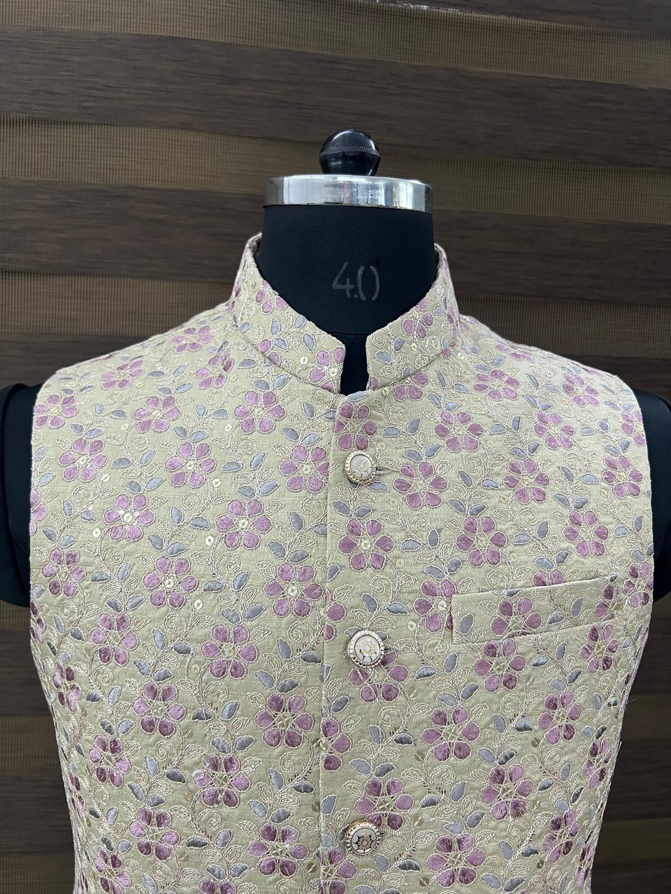 Beige Floral Embroidered Nehru Jacket.