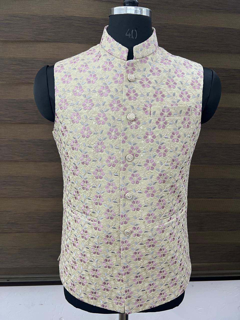 Beige Floral Embroidered Nehru Jacket.