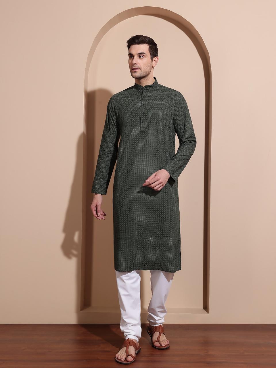 Elegant Dark Green Printed Cotton Kurta for Men