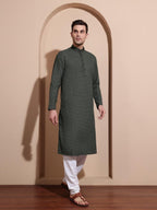 Elegant Dark Green Printed Cotton Kurta for Men