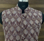 Maroon Leaf Motif Printed Nehru Jacket.