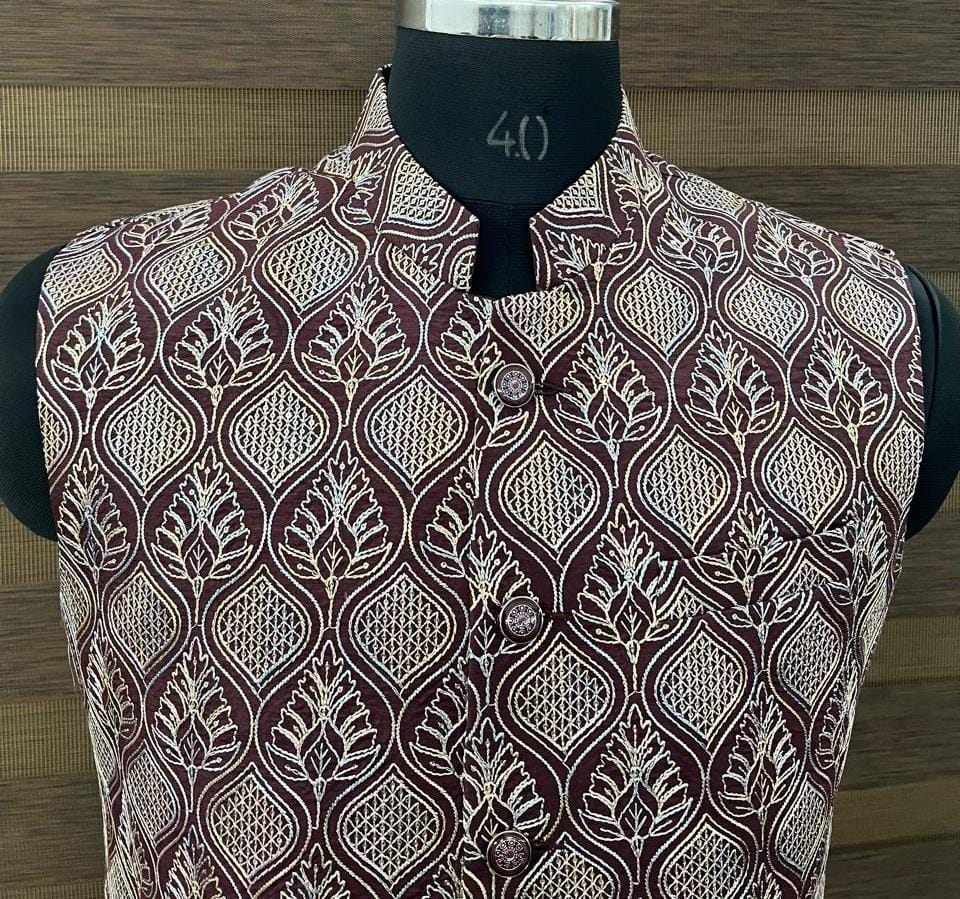 Maroon Leaf Motif Printed Nehru Jacket.