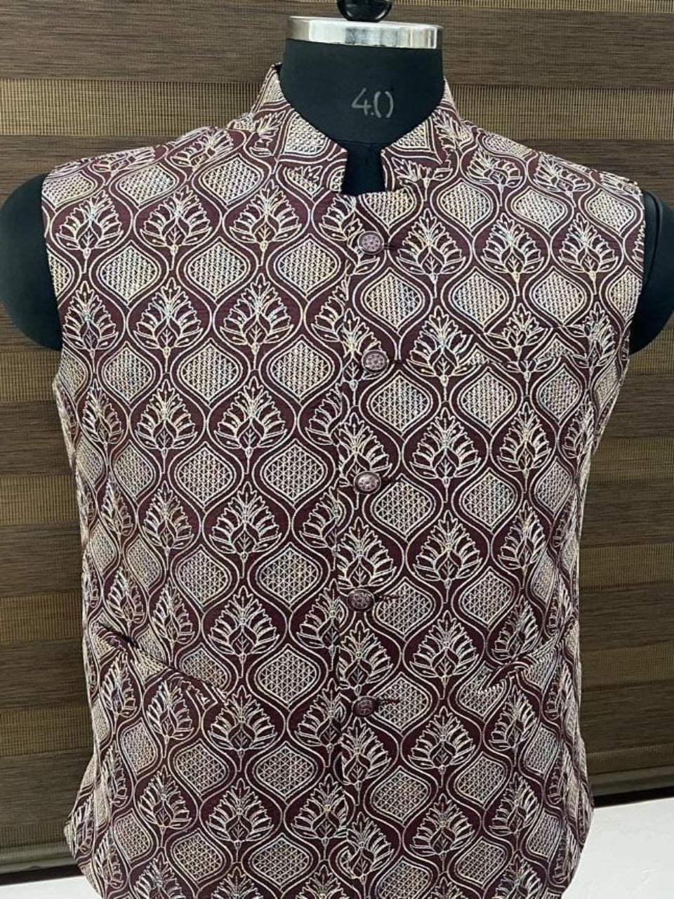Maroon Leaf Motif Printed Nehru Jacket.