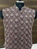 Maroon Leaf Motif Printed Nehru Jacket.