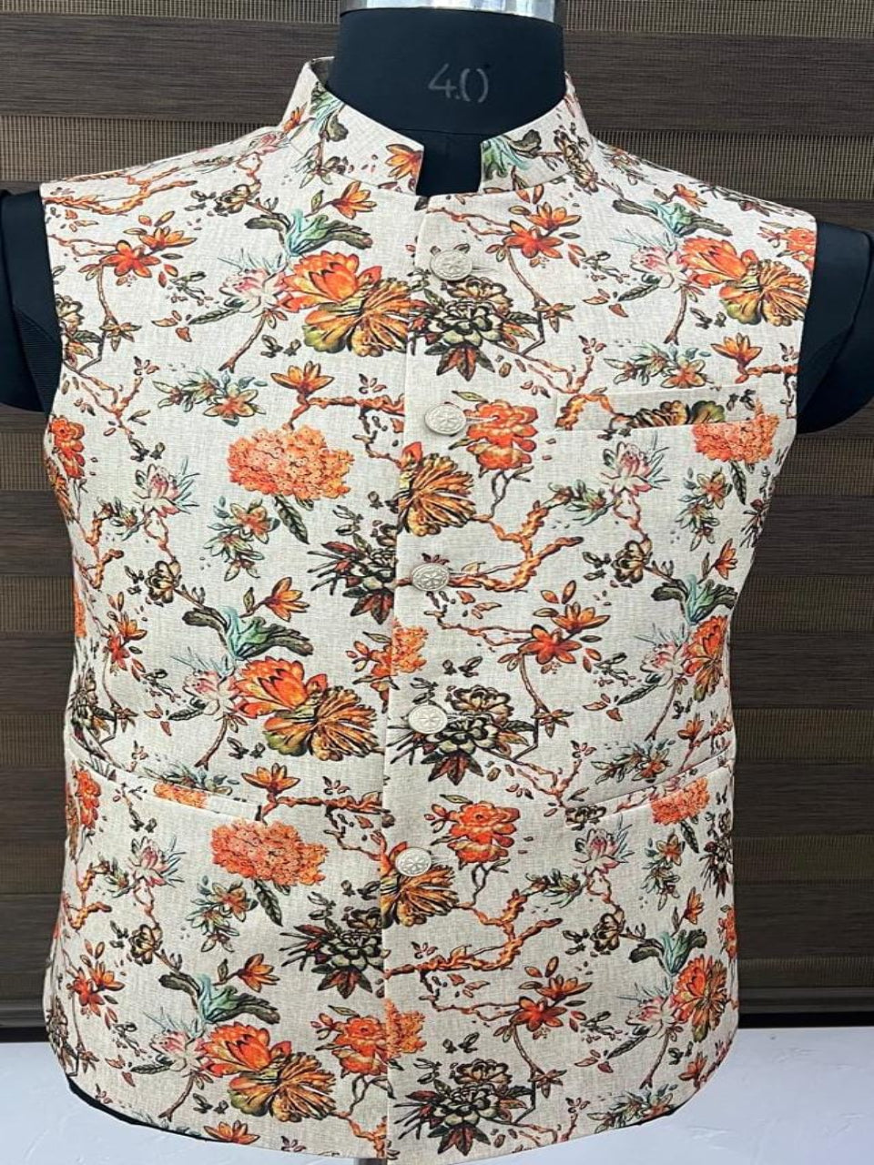 Beige Multicolor Floral Printed Waist Coat for Men