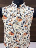 Cream Base Blue-Orange Floral Printed Waist Coat for Men