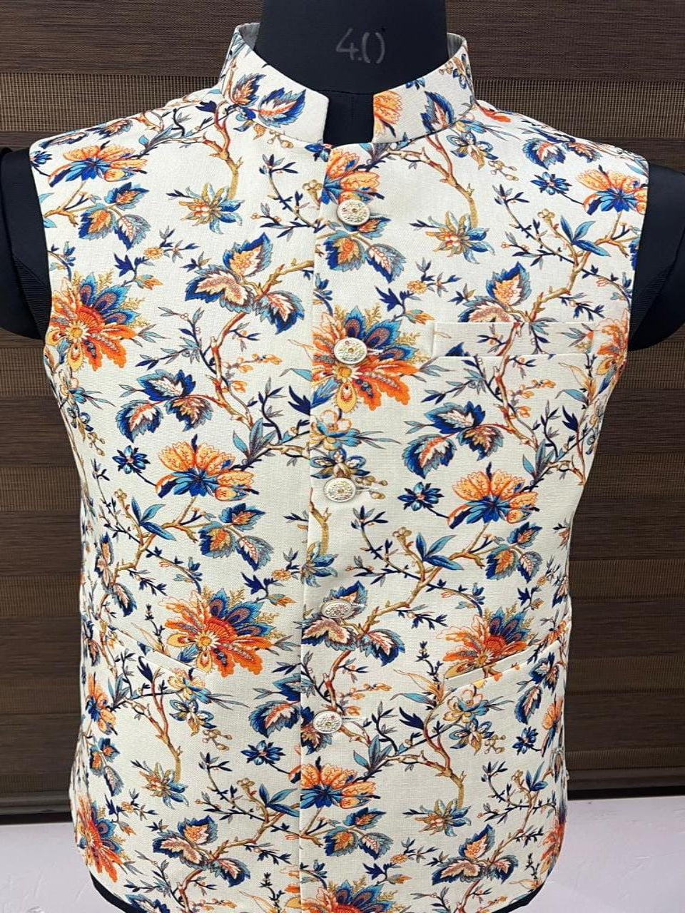 Cream Base Blue-Orange Floral Printed Waist Coat for Men