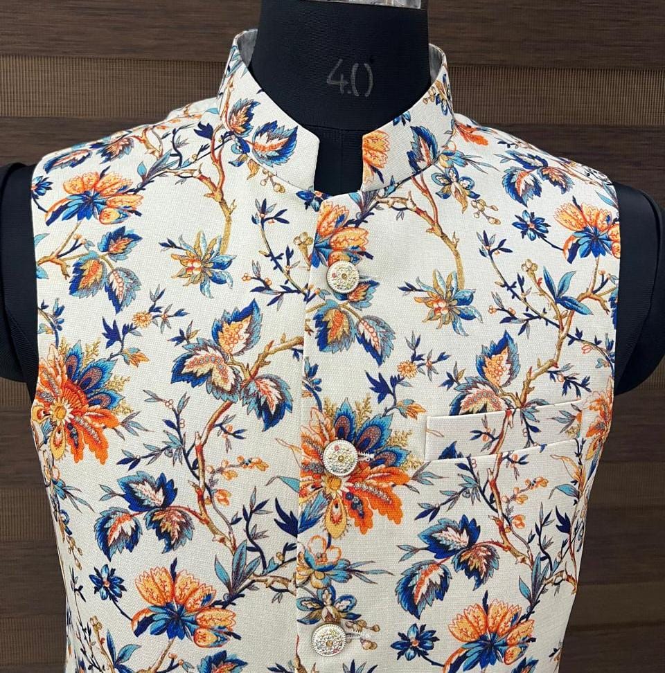 Cream Base Blue-Orange Floral Printed Waist Coat for Men