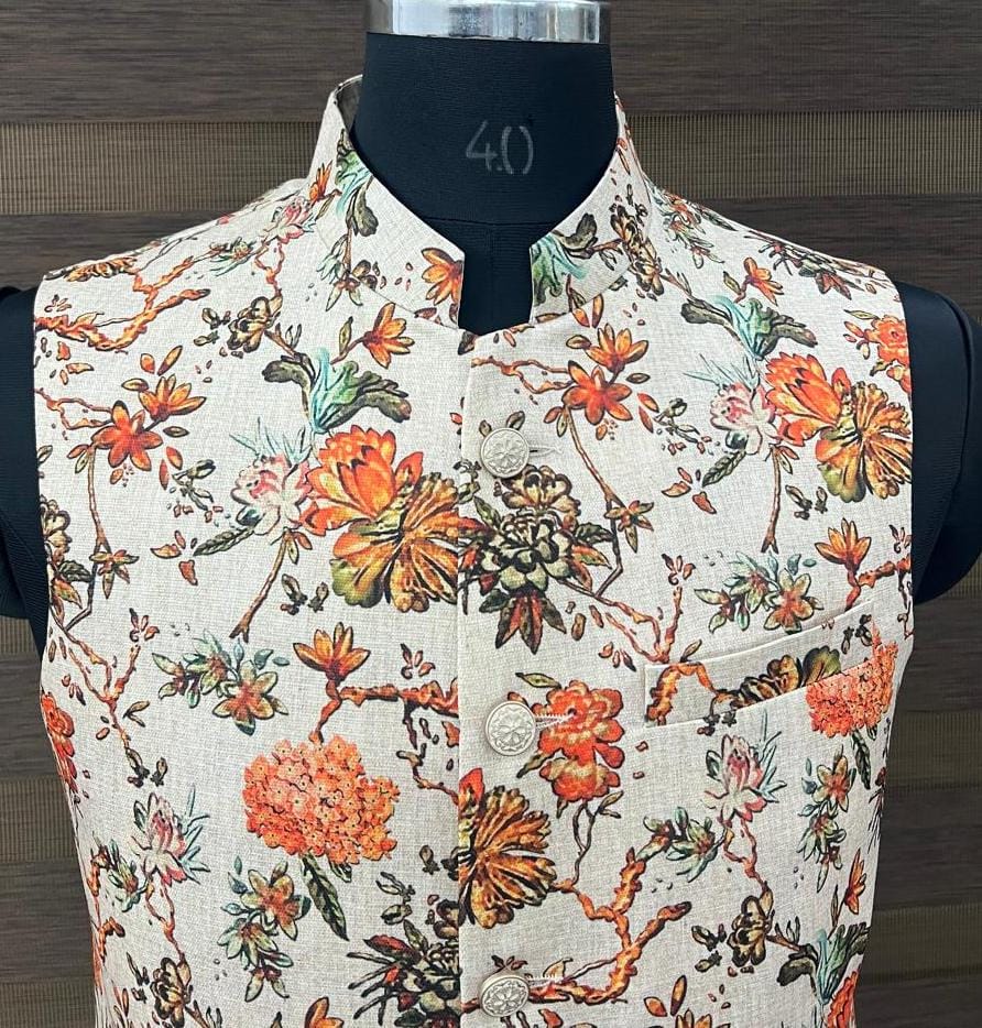Beige Multicolor Floral Printed Waist Coat for Men