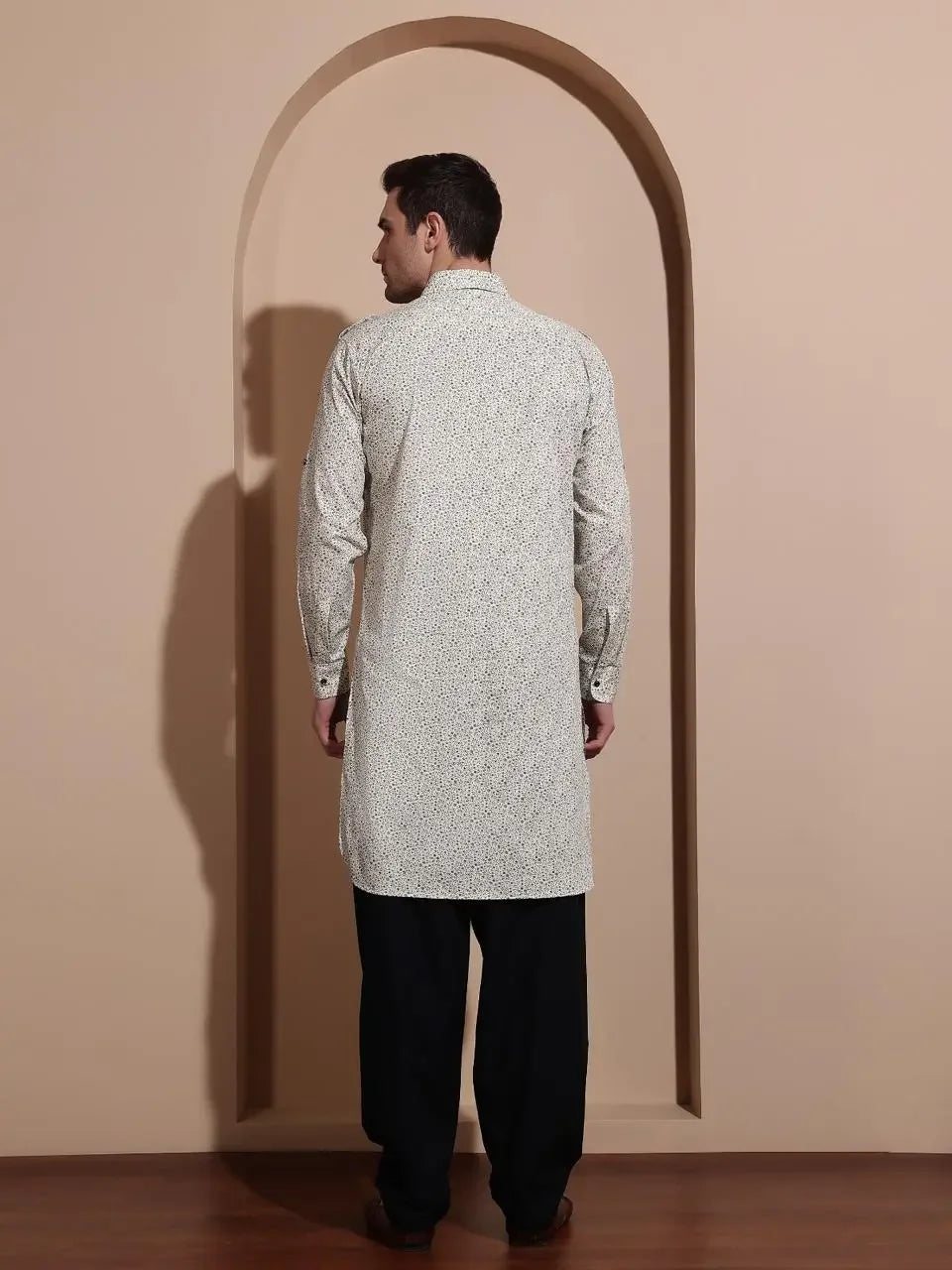 Bettino Men's Pathani Suit- Ivory Coloured Beige Printed