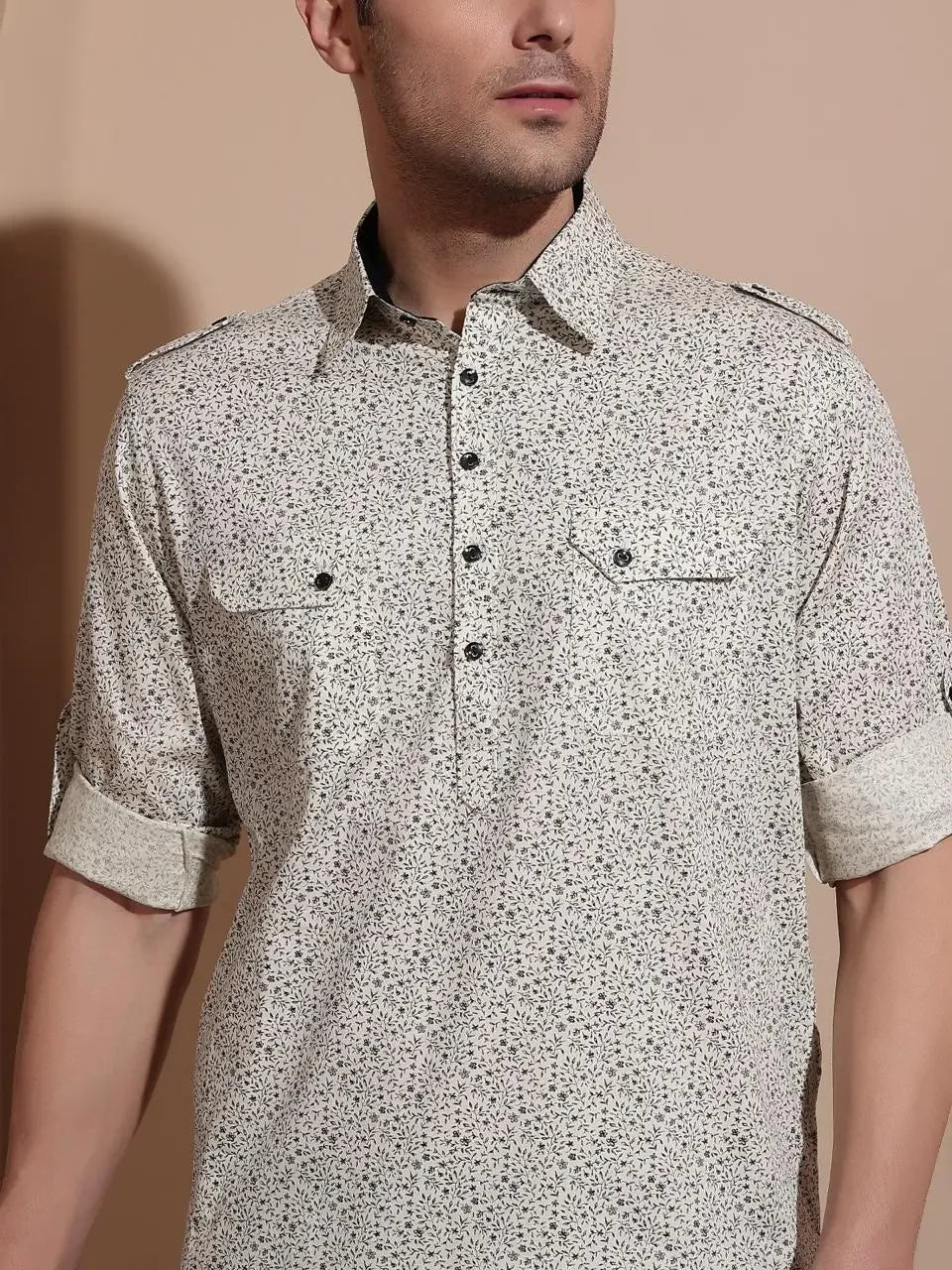 Bettino Men's Pathani Suit- Ivory Coloured Beige Printed