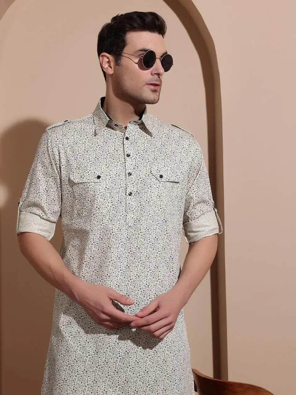 Bettino Men's Pathani Suit- Ivory Coloured Beige Printed