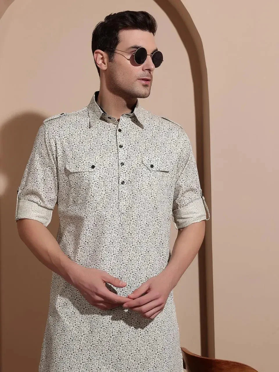 Bettino Men's Pathani Suit- Ivory Coloured Beige Printed