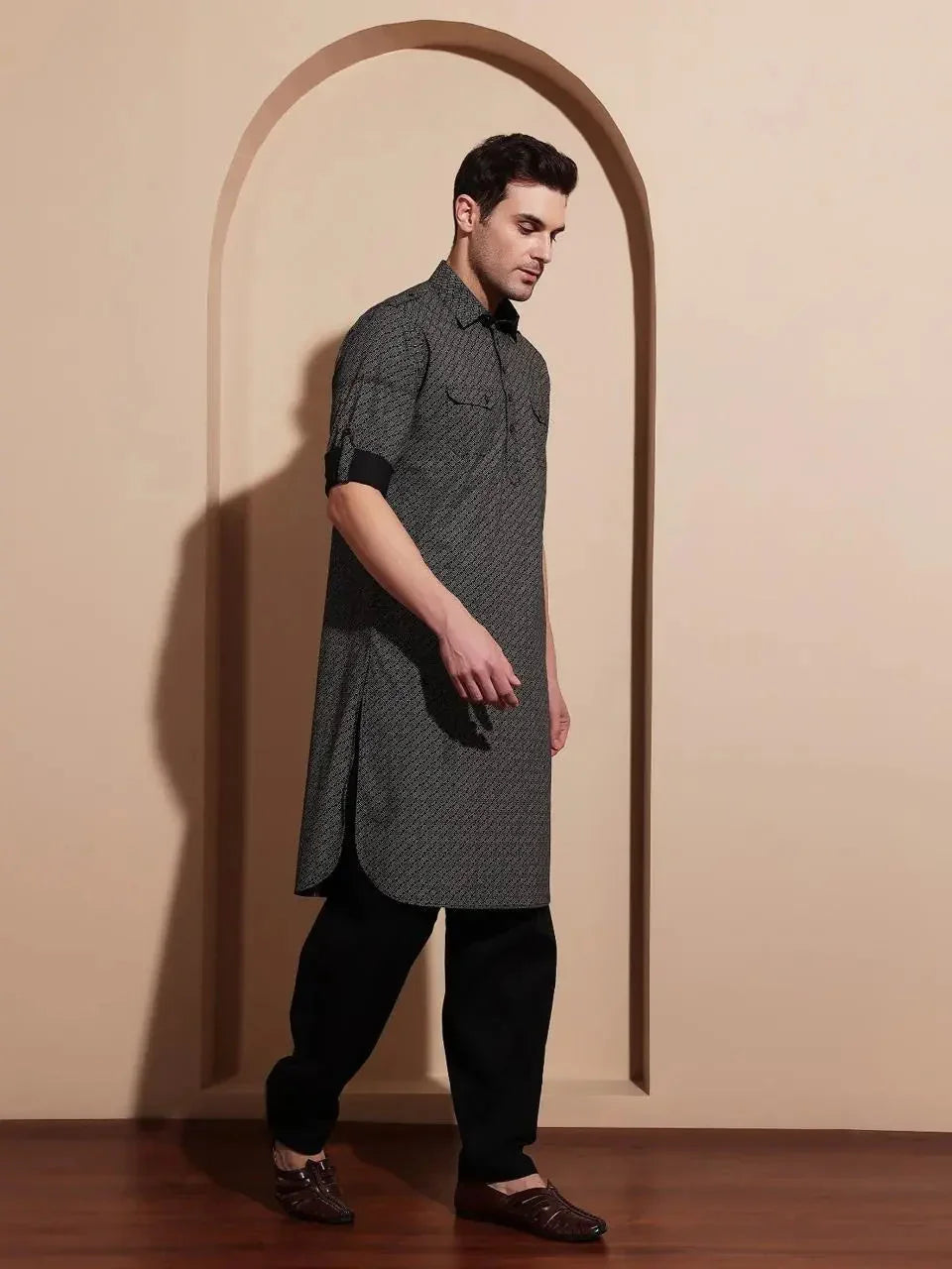 Bettino Men's Black Pathani Suit- Ethnic Printed