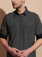 Bettino Men's Black Pathani Suit- Ethnic Printed