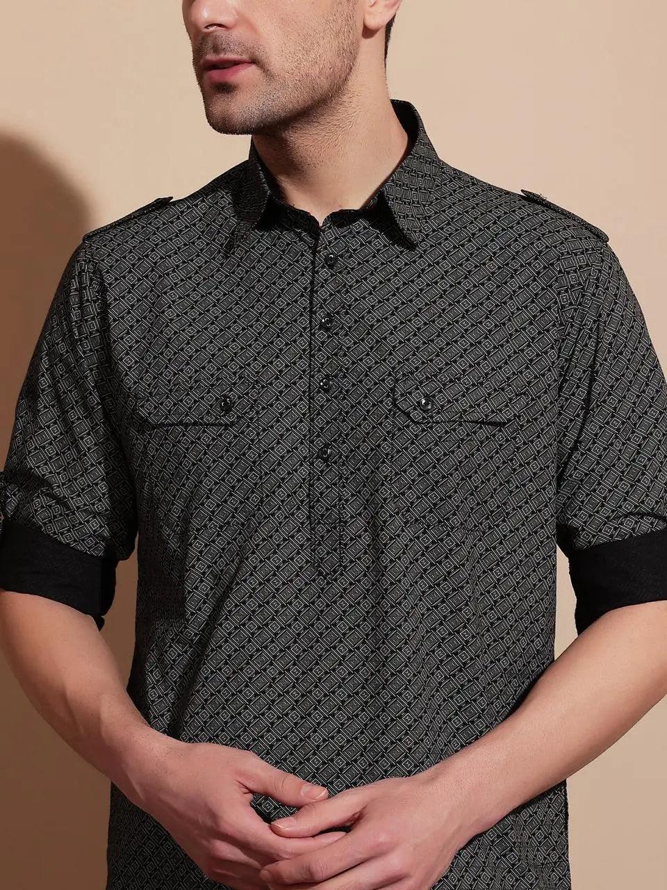 Bettino Men's Black Pathani Suit- Ethnic Printed