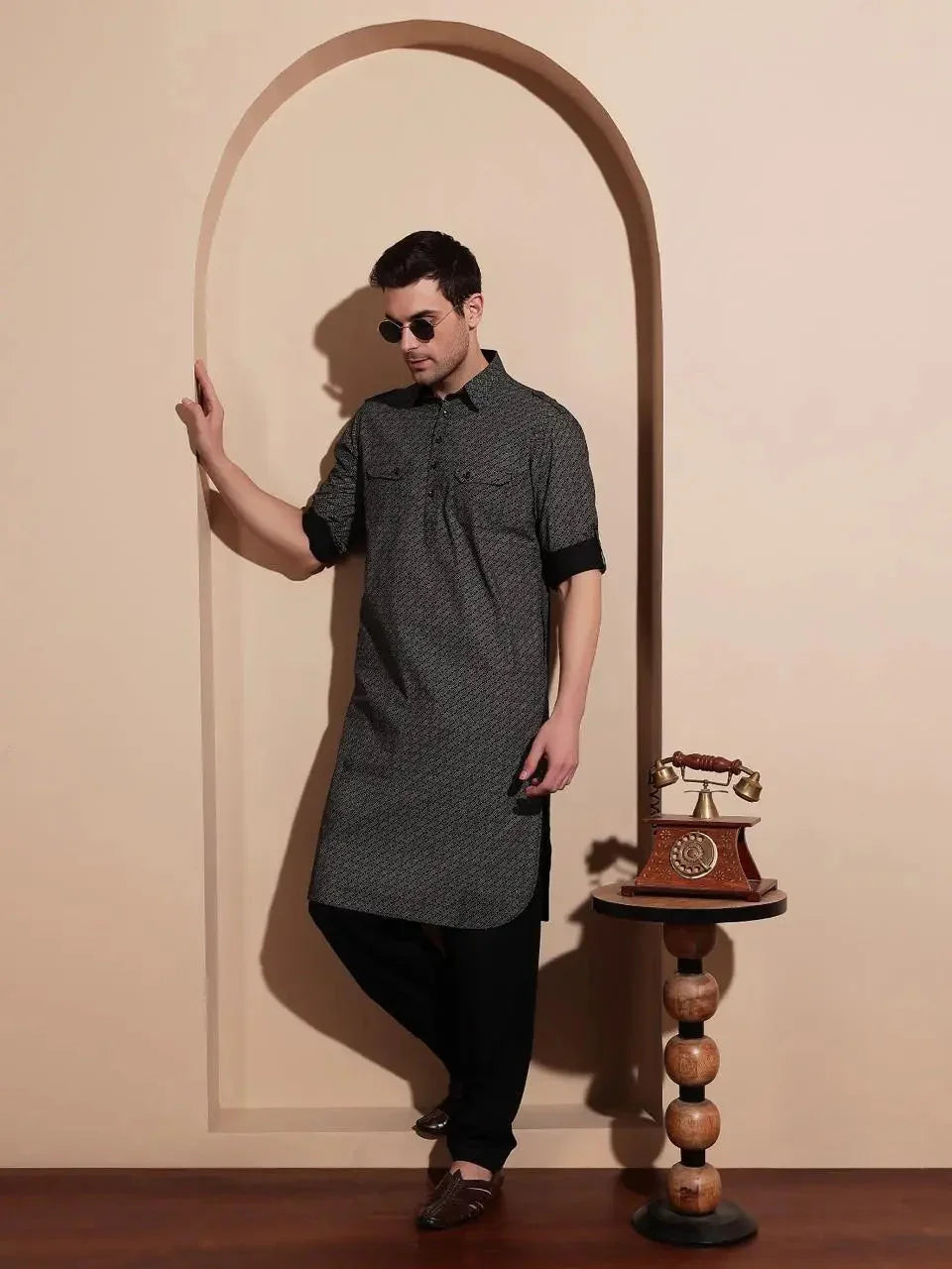 Bettino Men's Black Pathani Suit- Ethnic Printed