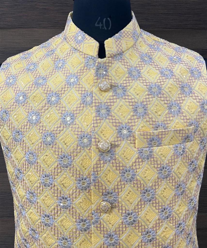 Yellow Floral Embroidered Nehru Jacket.