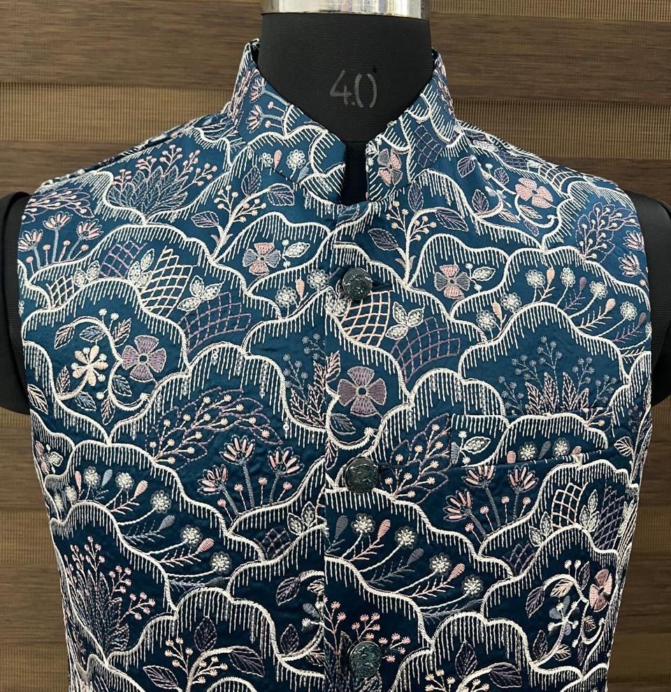 Blue Coloured Embroidered Nehru Jacket