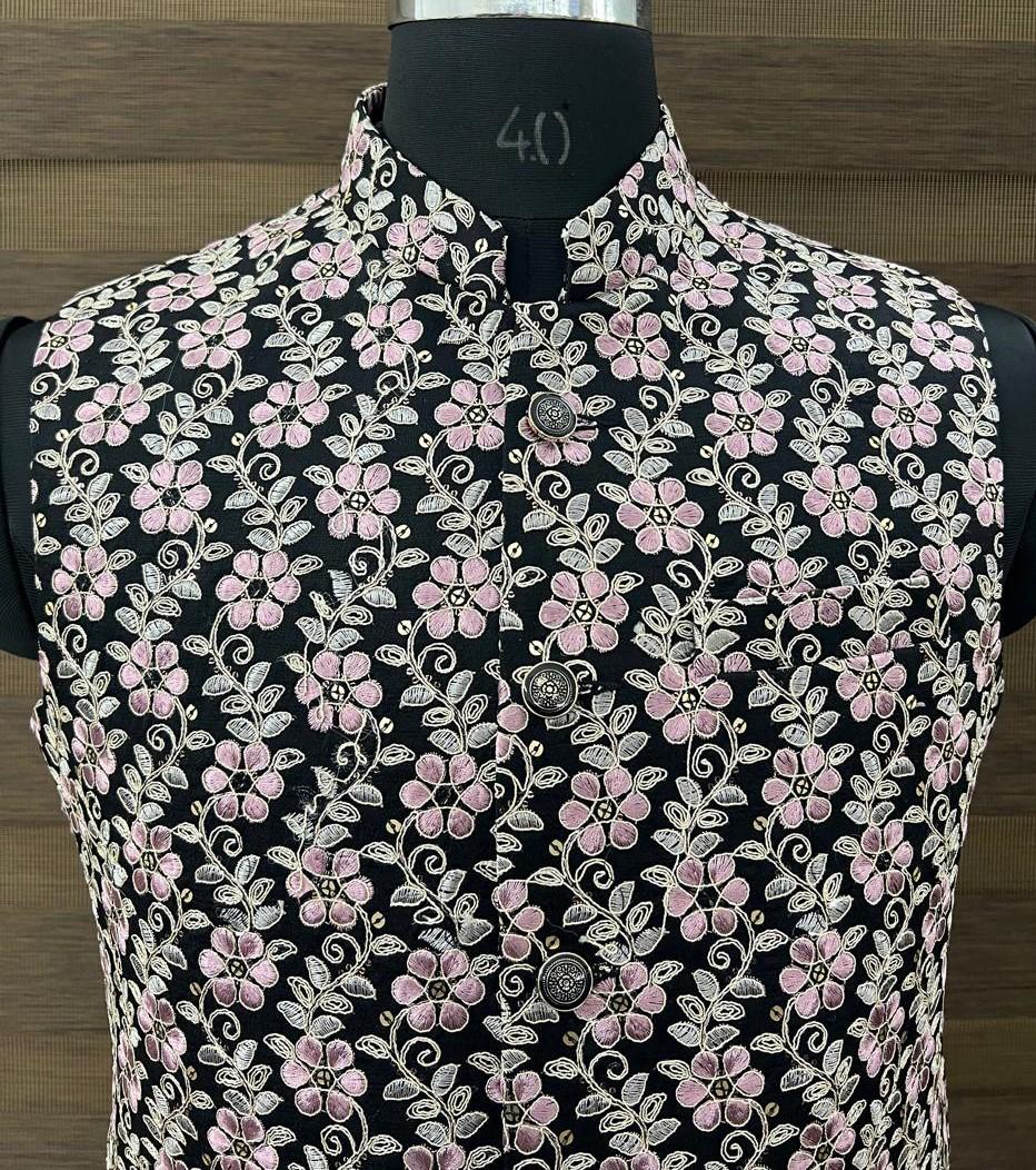 Black Floral Design Embroidered Nehru Jacket