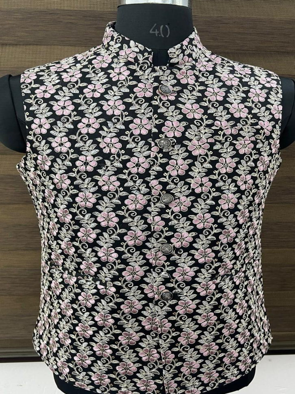 Black Floral Design Embroidered Nehru Jacket