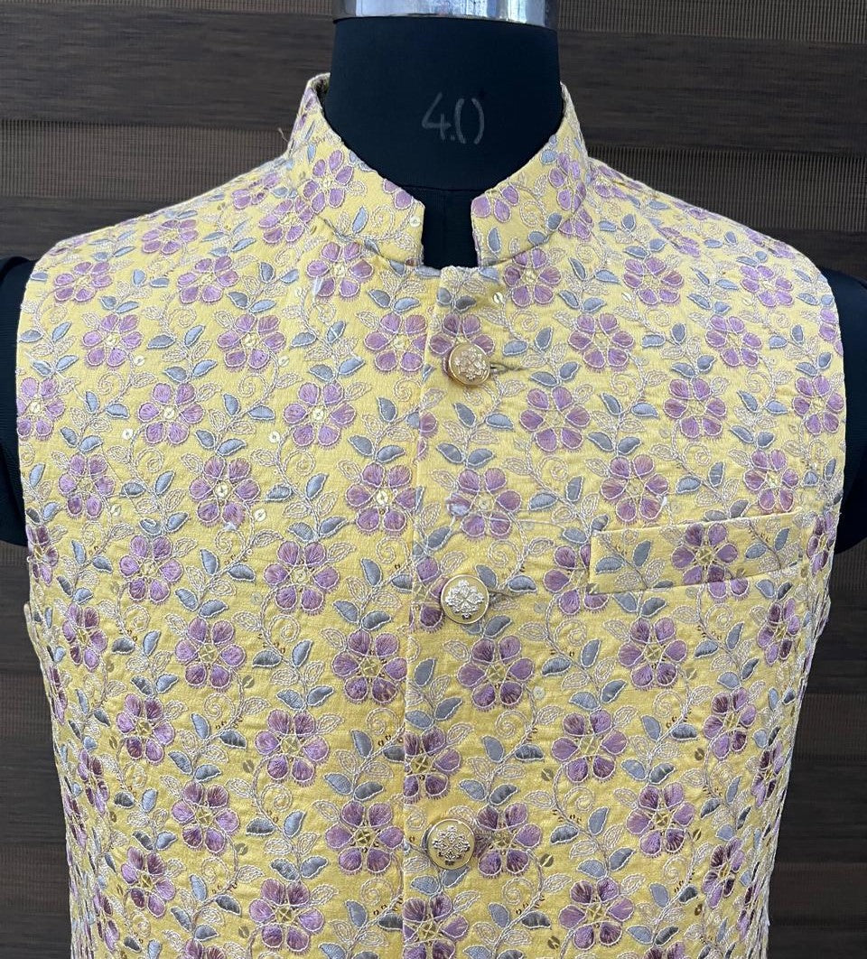 Yellow Colour Embroidered Nehru Jacket