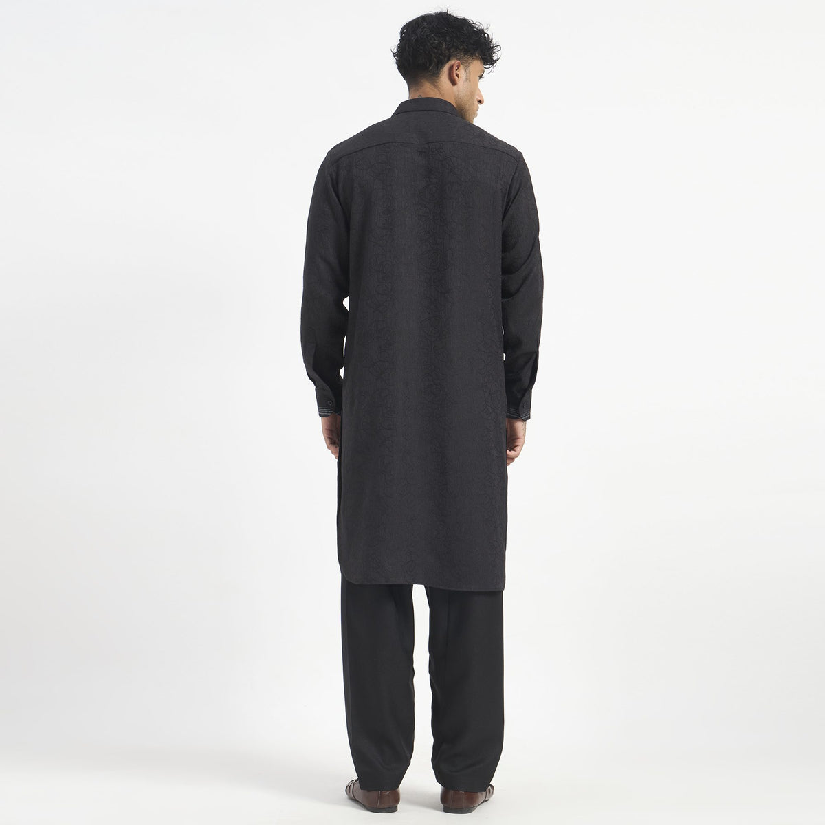 Embroidered Pathani Suit - Charcoal Black