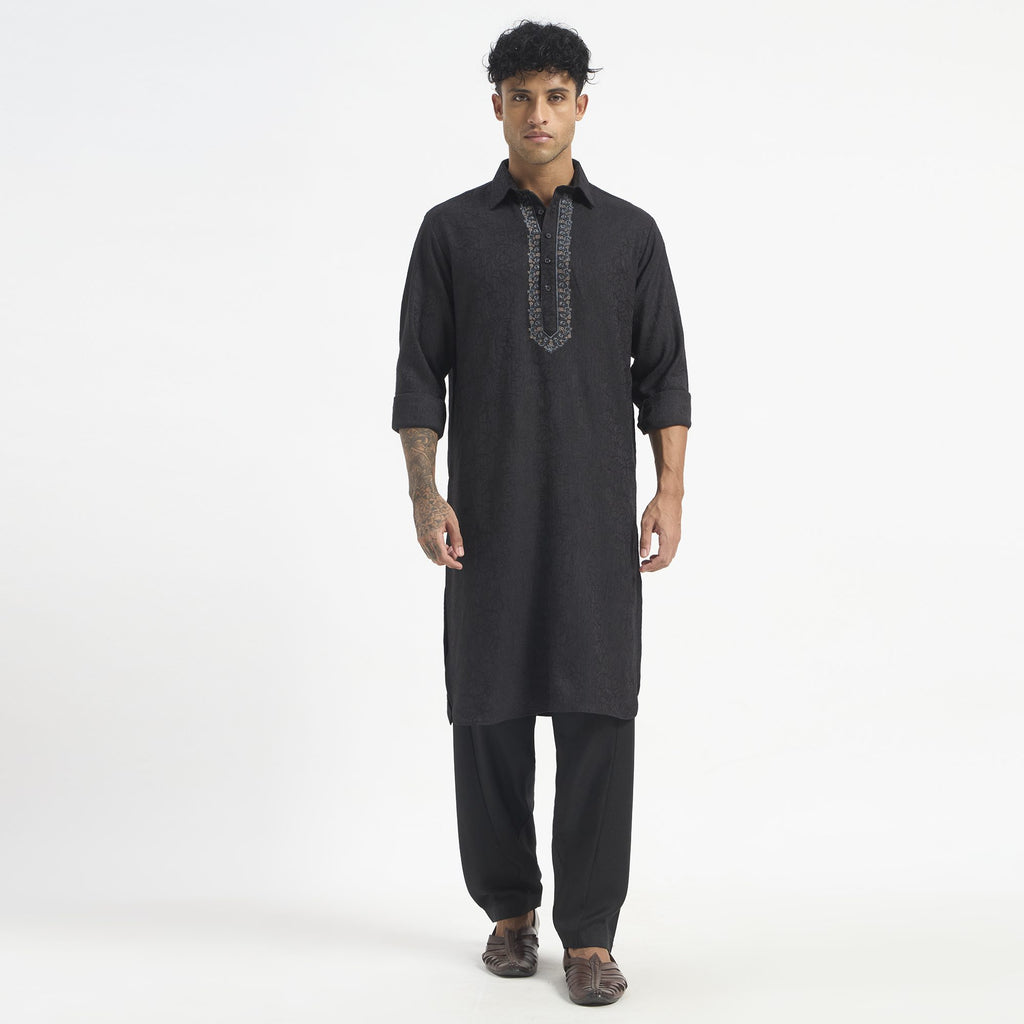 Embroidered Pathani Suit - Charcoal Black