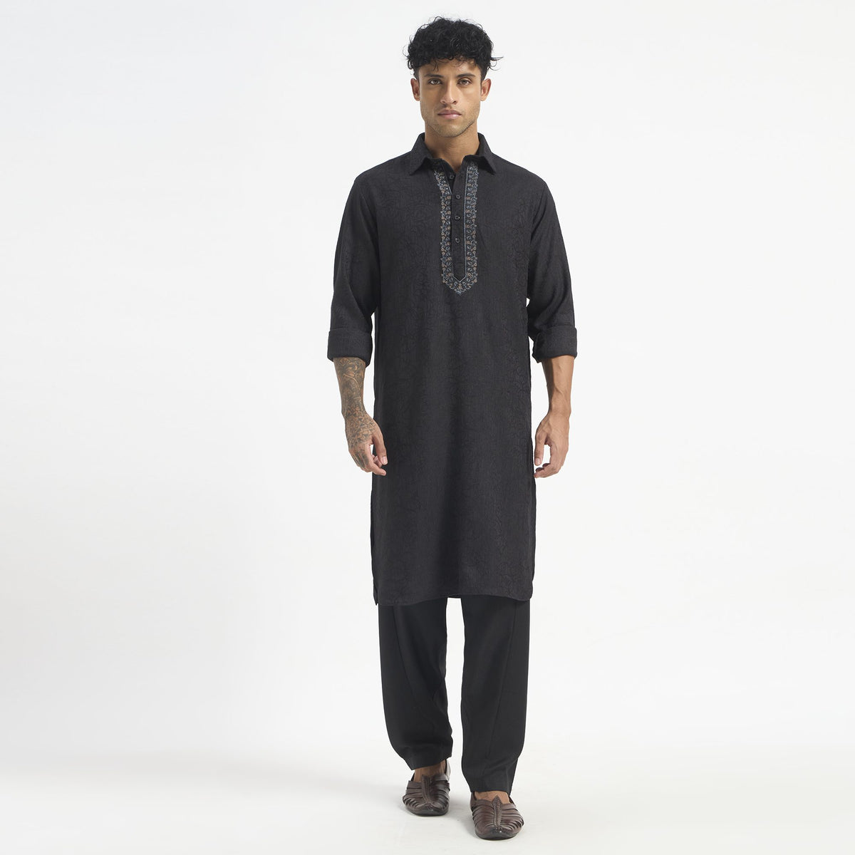 Embroidered Pathani Suit - Charcoal Black