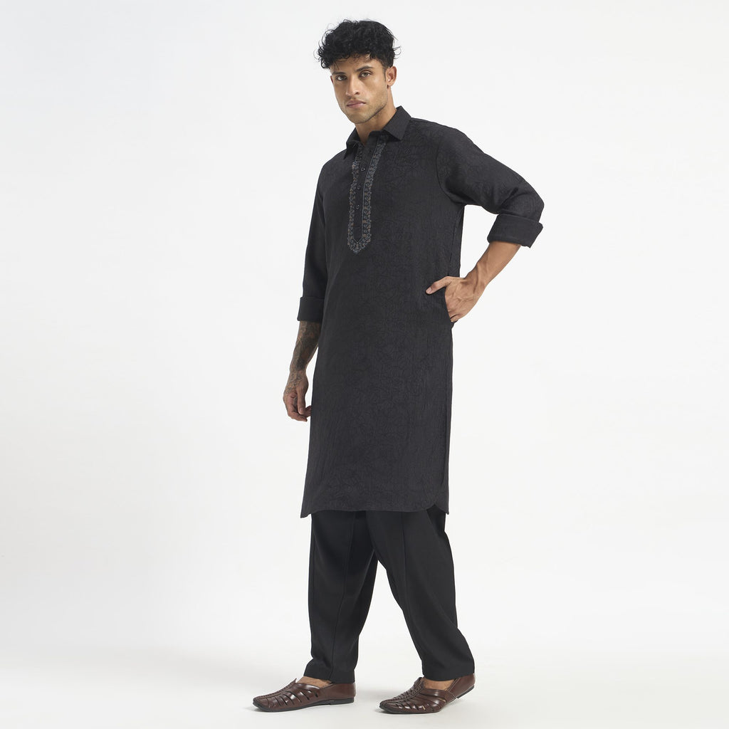 Embroidered Pathani Suit - Charcoal Black