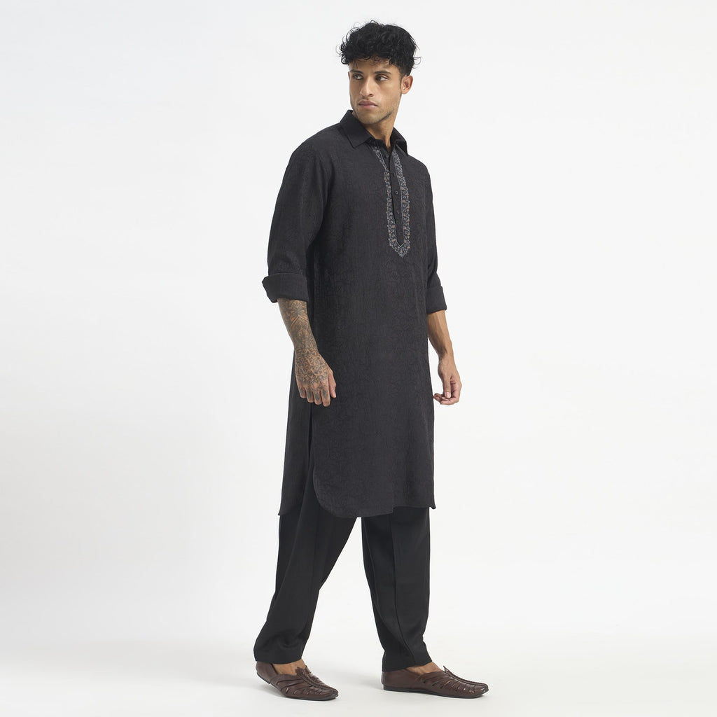 Embroidered Pathani Suit - Charcoal Black