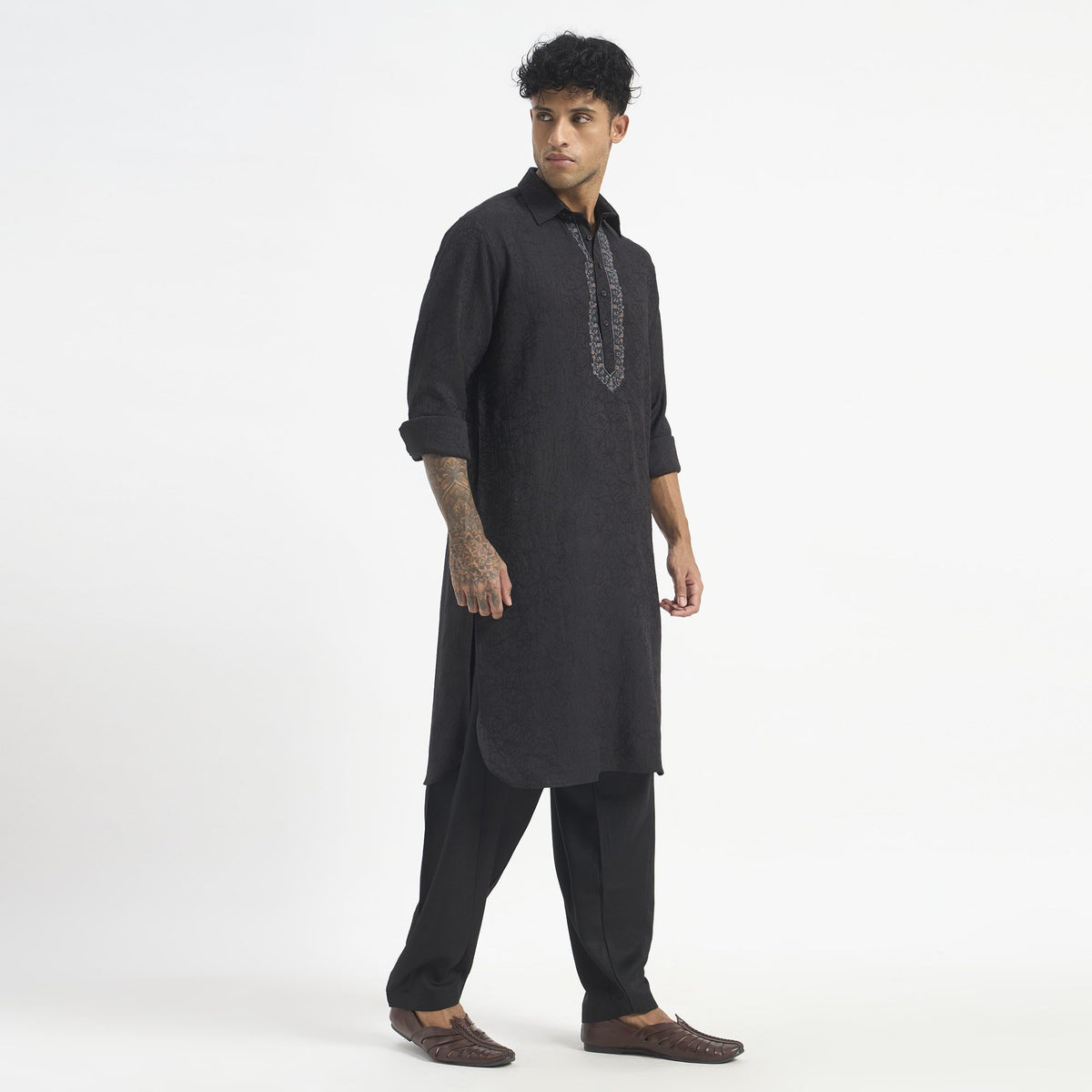 Embroidered Pathani Suit - Charcoal Black