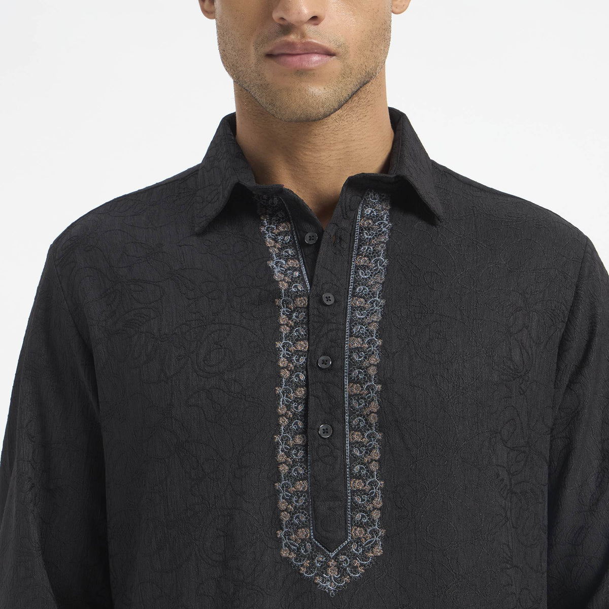 Embroidered Pathani Suit - Charcoal Black