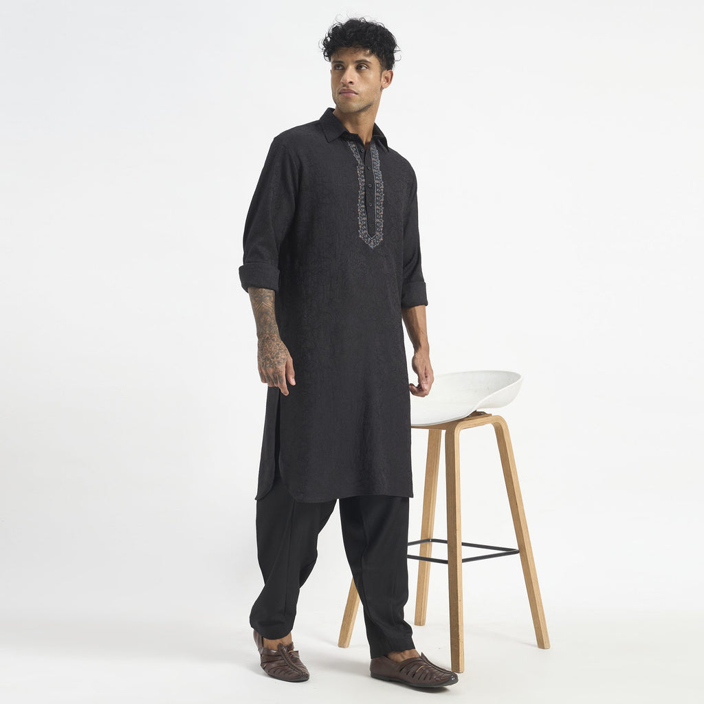 Embroidered Pathani Suit - Charcoal Black