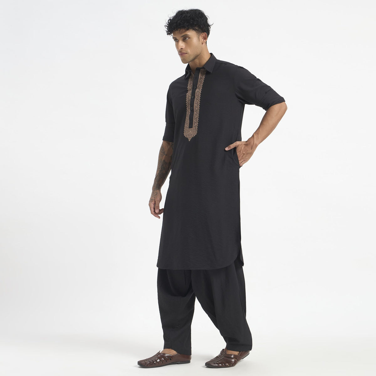 Embroidered Pathani Suit - Ebony Copper Placket