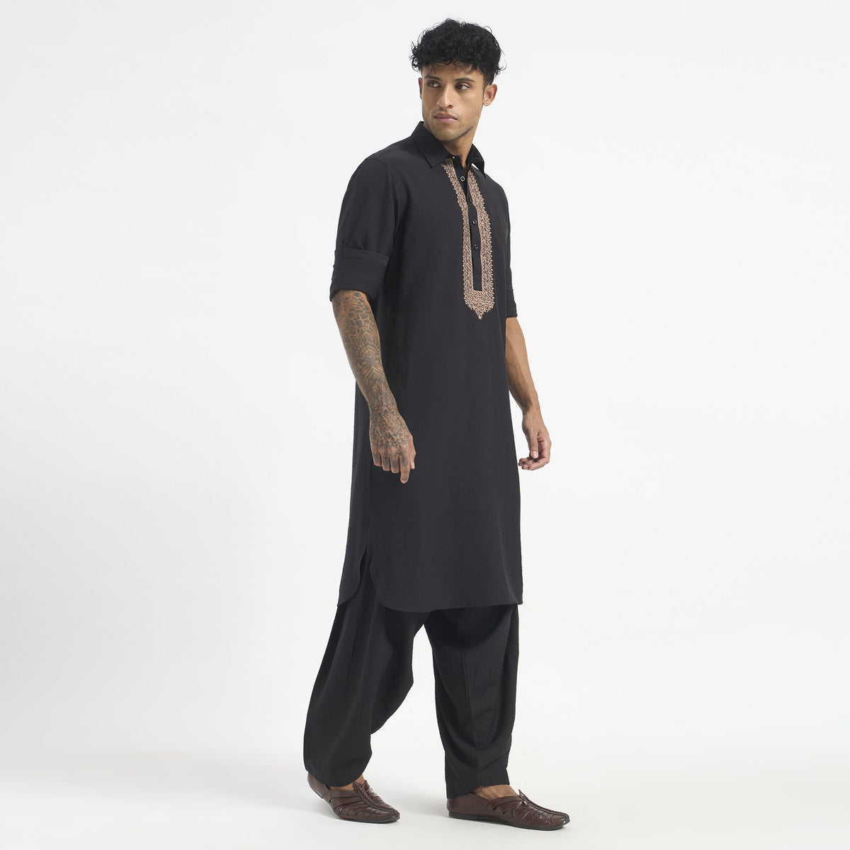 Embroidered Pathani Suit - Ebony Copper Placket