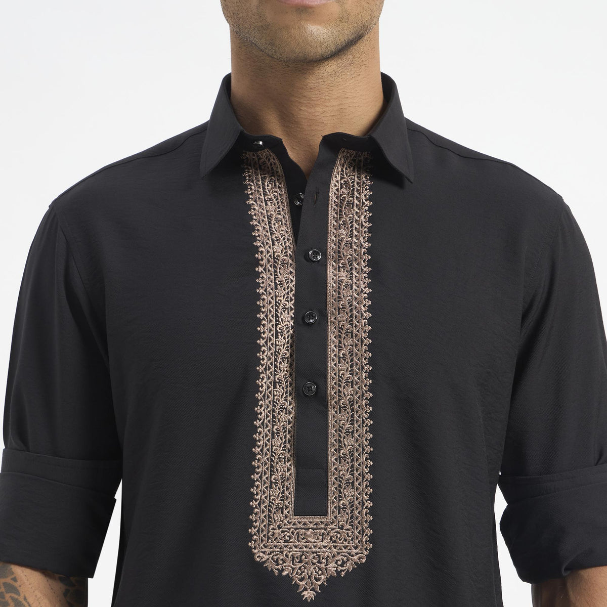 Embroidered Pathani Suit - Ebony Copper Placket